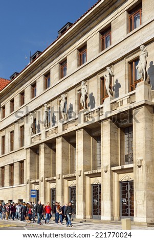 PRAGUE,CZECH REPUBLIC - SEPTEMBER 29,2014:Municipal Library was founded in 1891 by City Council of Prague as public municipal library royal capital city.Current building was built in years 1925 - 1928