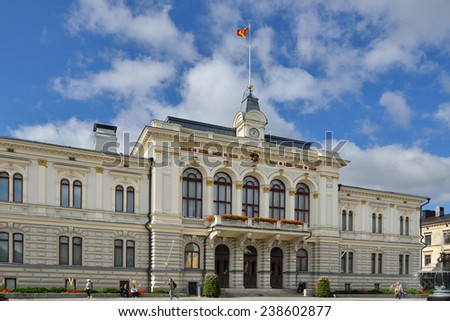TAMPERE, FINLAND - AUG 28, 2014:Tampere City Hall is neo-renaissance building. Current city hall was built in 1890 and was designed by Georg Schreck. In front of building is banner of city of Tampere