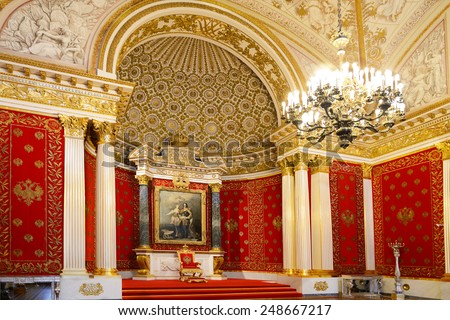 ST PETERSBURG, RUSSIA - JANUARY 25, 2015:Small Throne Room of Winter Palace, also known as Peter Great Memorial Hall, was created for Tsar Nicholas I in 1833, by architect Auguste de Montferrand
