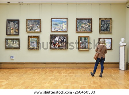 MOSCOW, RUSSIA - MARCH 13, 2015: State Tretyakov Gallery is art gallery, foremost depository of Russian fine art in world.Gallery\'s history starts in 1856. Hall of artist Korovin, K