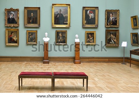 MOSCOW, RUSSIA - MARCH 13,2015:State Tretyakov Gallery is art gallery, foremost depository of Russian fine art in world. Gallery\'s history starts in 1856. Hall of Great Russian artist Tropinin Vasily