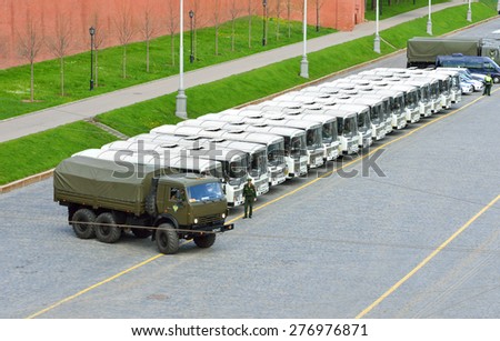 MOSCOW, RUSSIA - MAY 5, 2015:Rehearsal For Victory Parade in Red Square to commemorate 70th anniversary of capitulation of Nazi Germany in 1945. Buses brought soldiers and officers of rehearsal