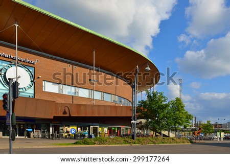 JYVASKYLA, FINLAND - JULY 14,2015:Railway station or Travel Center. Travel centre offers services for both bus and rail passengers. It also contains restaurants, shops and passenger information system