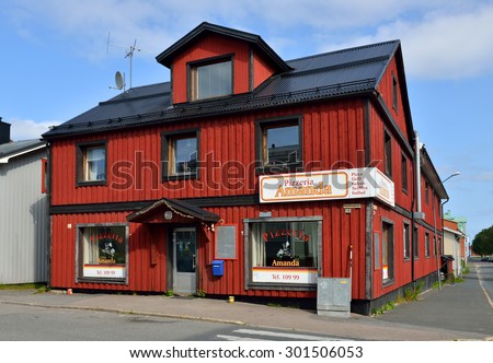 HAPARANDA,SWEDEN - JULY 11,2015:Haparanda is city in Norrbotten. It is twinned with Tornio (Finland) just across Torne river. In pizzeria Amanda it is possible to eat tasty