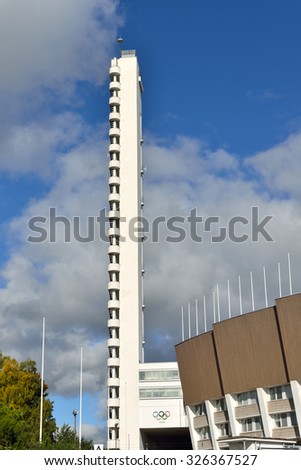 HELSINKI, FINLAND - SEPT 27, 2015:Helsinki Olympic Stadium was completed on 12 June 1938. Stadium has been characterized as worlds most beautiful Olympic Stadium. Stadium Tower is 72 meters high