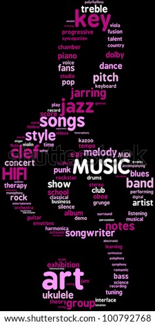 Word cloud illustration treble clef - shaped on black background / Treble clef tag cloud illustration for Music concept