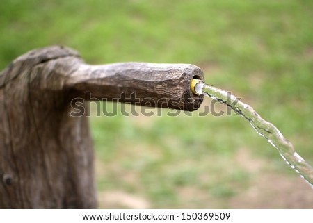 a  wooden drink fountain made from a tree trunk with running water in the italian Alps