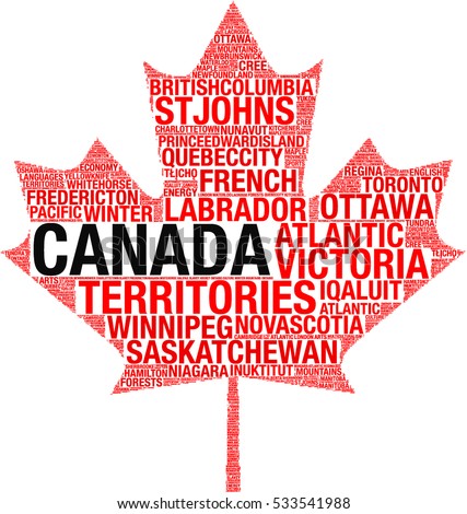 Maple leaf silhouette Canada flag detail tag cloud illustration