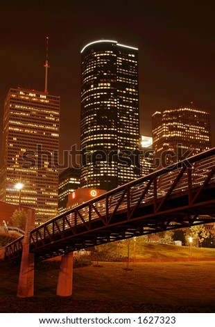 bridge cross over under night skyline. Houston Texas