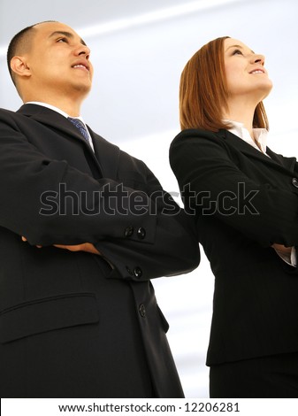 business man and business woman folding hand looking to the front. concept for business vision or success