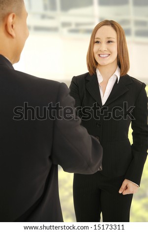 two business people standing and shake hand in modern office environment. concept for business deal or team work