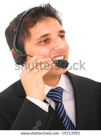 customer representative talking to customer on headphone.  isolated on white background