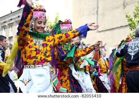 LODZ, POLAND - JULY 28: A folklore dancing group from Turkey, performs during the International Folk Festivals in Lodz, on June 28, 2011 in Lodz, Poland.