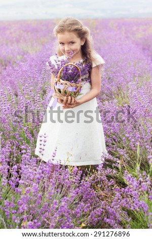 Happy cute little girl is wearing white dress in a lavender field holding a basket full of flowers