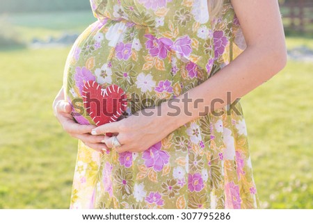 Pregnancy, maternity and new family concept -closeup picture of woman\'s belly and heart symbol outdoors in sunny summer day in green park