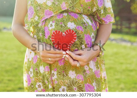 Pregnancy, maternity and new family concept -closeup picture of belly of pregnant woman and heart symbol outdoors in sunny summer day in green park