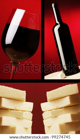 red wine, wine glass, dark wine bottle and yellow cheese at red background