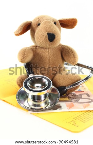 a stuffed dog with a stethoscope and Euros