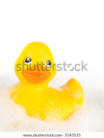 Rubber ducky in bubbles isolated on white