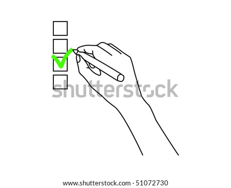 Check box and hand with pen over a white background.