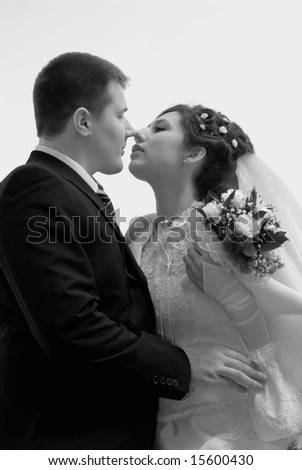 Just married. First tender kiss. BW