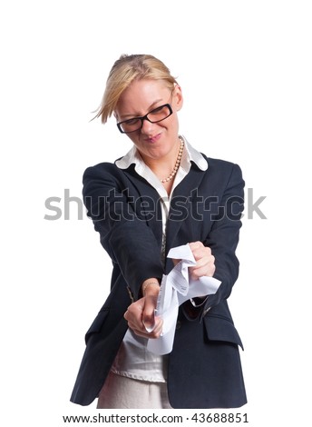 Angry businesswoman, ripping a business contract. Isolated on white