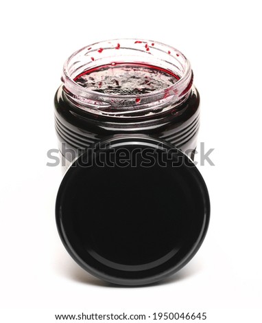 Blackcurrant jam in glass jar with lid, marmalade isolated on white background, top view Foto d'archivio © 