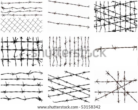 Set barbed wire fence protection isolated on white for background texture