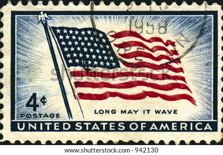 A vintage US potage stamp from the 1950\'s celebrating the US flag. 4 cents.
