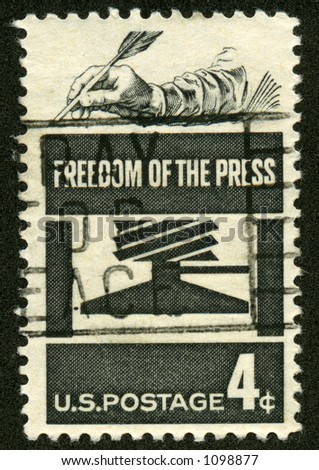 A vintage US Postage stamp depicting the Freedom of the press.