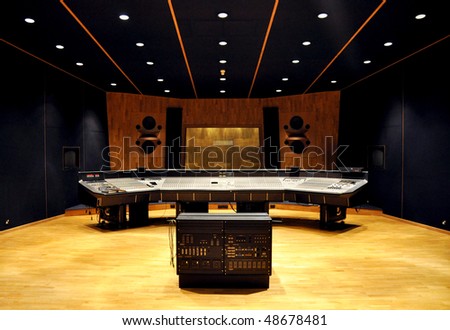 interior of recording studio control desk