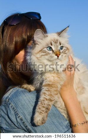 Siberian nevsky mask cat and young woman in a summer nature