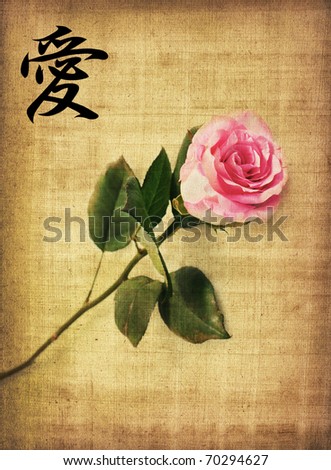 Pink rose on old brown paper background and hieroglyph love in vintage style