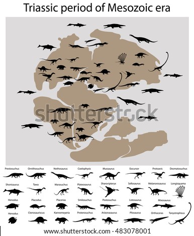 Dinosaurs of triassic period of mesozoic era on the map