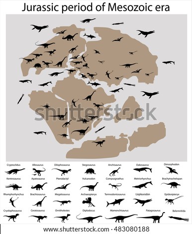 Dinosaurs of jurassic period of mesozoic era on the map