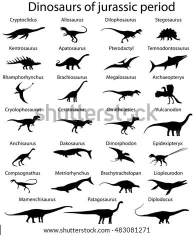 Silhouettes of dinosaurs of jurassic period of mesozoic era with names