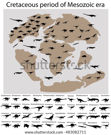 Dinosaurs of cretaceous period of mesozoic era on the map