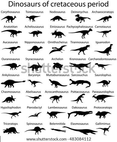 Silhouettes of dinosaurs of cretaceous period of mesozoic era with names