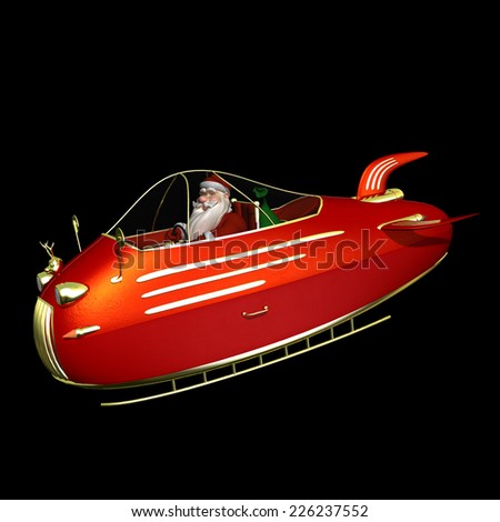 Santa Flying In Jet Powered Sled - Santa is flying in his new jet powered sleigh with a golden reindeer hood ornament. Isolated on a black background.