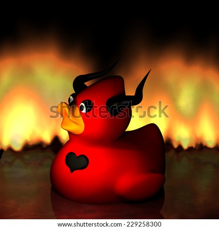Devil Duck -  a red rubber duck with black horns and a black heart tattoo floating with fire in the background.