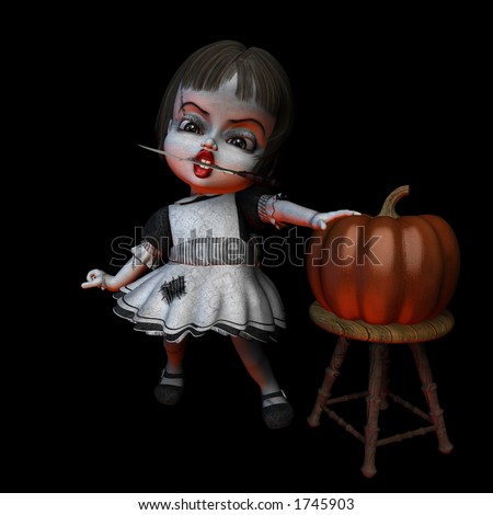 Knife Halloween doll holding a knife in her mouth as she prepares to carve the pumpkin