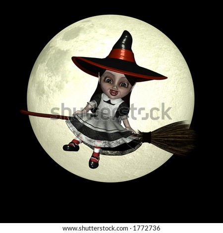 Happy Halloween witch doll flying on her broom in front of a brightly lit full moon