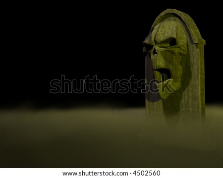 Gravestone with a skeleton face amongst the fog. Halloween is coming.