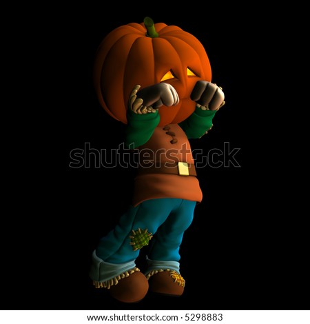 A sad little pumpkin scarecrow wiping his crying eyes. Isolated on a black background