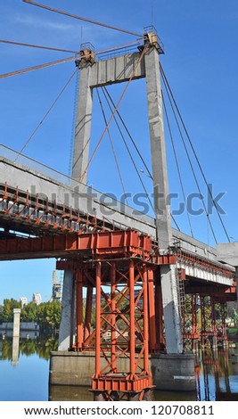 Bridge repair and construction site across Dnieper river, Kiev, Ukraine