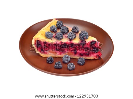 Blackberry pie in on brown plate, isolated on white background