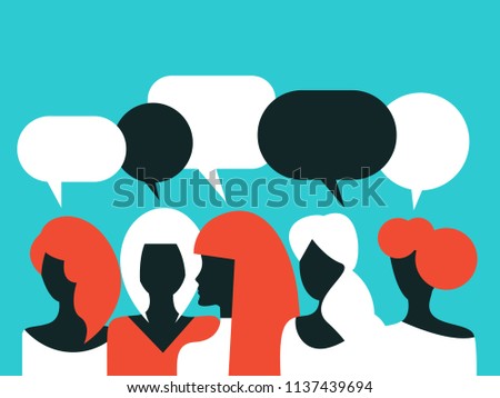 Association of women, community, womens unity, girls talking, girls chatting,  bubble text, online communication, female solidarity. Vector illustration