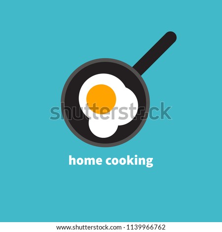 Home cooked food, fried eggs, fried eggs in frying pan, healthy breakfast, home cooking breakfast in cafe, omelet icon. Vector illustration