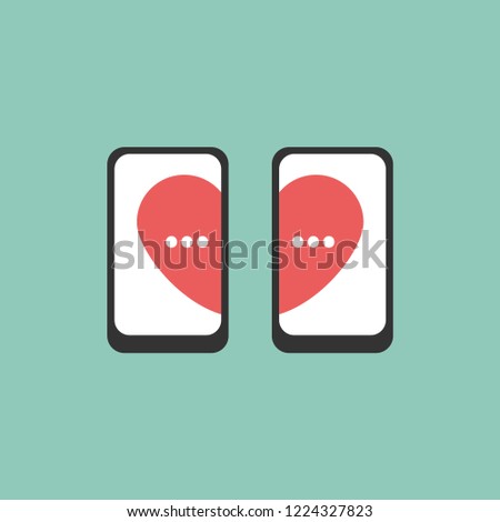 Online dating, love correspondence, blind date, two smartphones and half heart. Vector illustration