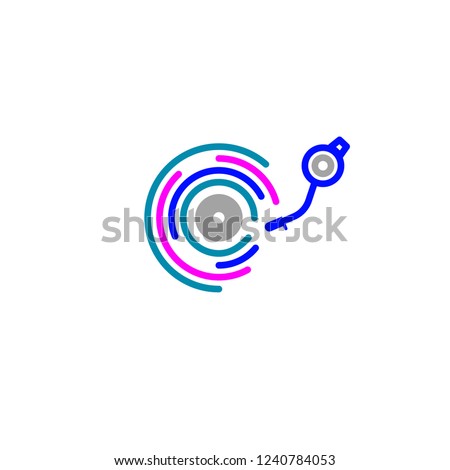 dj line logo, music festival icon, spinning plate with  needle in flat style. Vector illustration